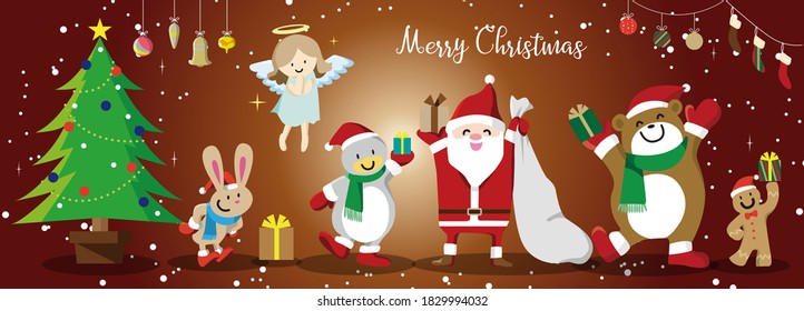 Illustration material for Christmas of Santa and animals.