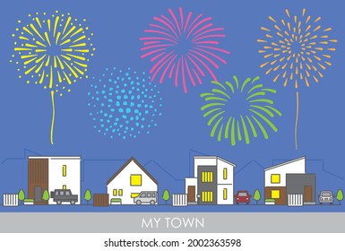 Illustration material of the cityscape that imaged a residential area in the suburbs where fireworks are rising