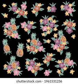 Colección de material de ilustración de hibiscos y piñas,