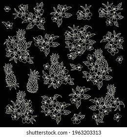 Illustration material collection of hibiscus and pineapple,