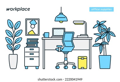 Material de ilustración de un lugar de trabajo cómodo con suministros de oficina.
