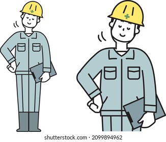 Illustration material of a construction site worker nodding with his hand on his waist