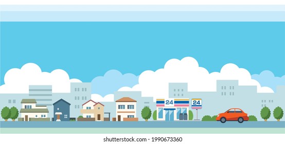 Illustration material of convenience store, house and town