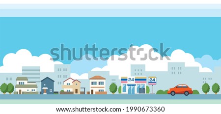 Illustration material of convenience store, house and town
