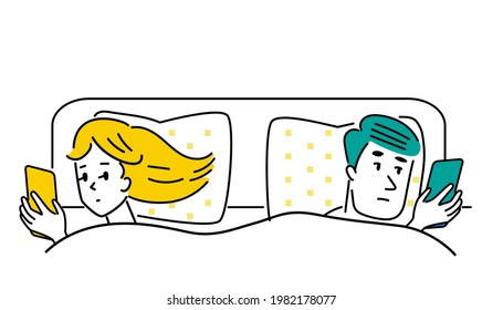 Illustration material of a couple looking at a mobile phone in bed