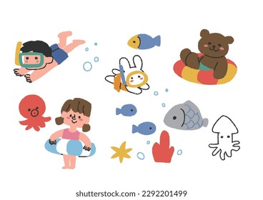  Material ilustrativo de niños lindos nadando en el mar y personajes de oso y conejo
