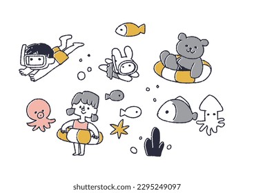  Illustration material of cute children swimming in the sea and bear and rabbit characters
