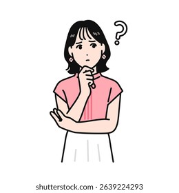 Illustration material of a cute young woman thinking