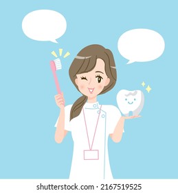 Illustration material of a dental assistant who teaches teeth brushing