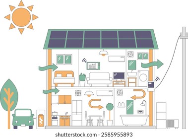 Illustration material depicting a stylish ZEH home