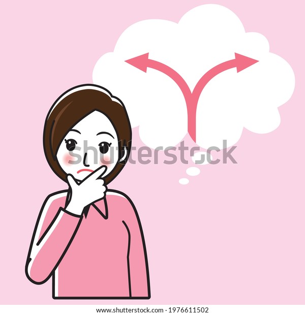 Illustration material, doubts, illustrations of\
young women who feel confused, arrows divided into two in balloons,\
job changes, future\
worries