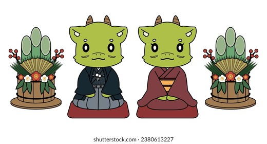 Illustration material of a dragon character in Japanese clothes sitting straight
