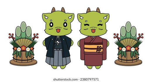 Illustration material of a dragon character in Japanese clothes