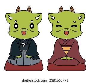 Illustration material of a dragon character in Japanese clothes sitting straight