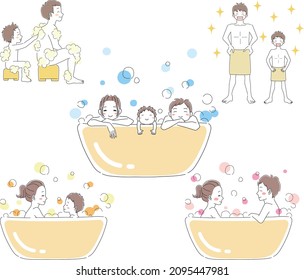 Illustration material of family taking a bath 