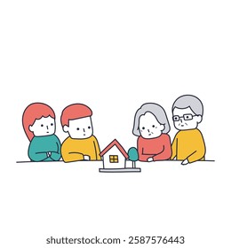 Illustration material of a family thinking about land, house, real estate, and property