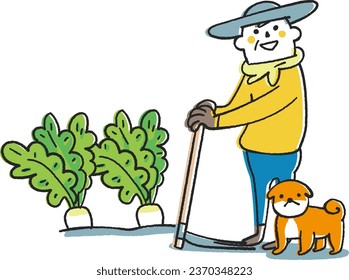 Illustration material of a farmer or home gardener holding a fine radish and looking up at him
