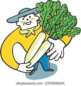 Illustration material of a farmer or home gardener holding a fine radish and looking up at him
