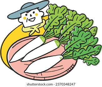 Illustration material of a farmer or home gardener holding a fine radish and looking up at him
