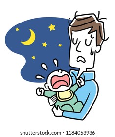 Illustration Material: Father Troubled By Crying At Night