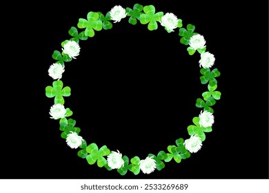 The illustration material of a frame using three-leaf clovers, four-leaf clovers, and white clover