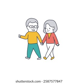 Illustration material of a friendly elderly couple walking hand in hand