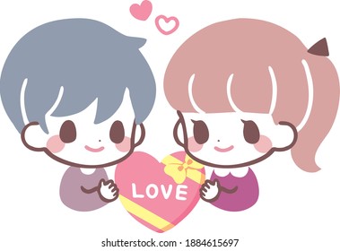 Illustration material of a  girl and boy staring at each other with heart chocolate