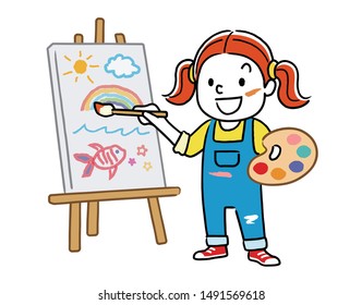 Illustration material: Girl drawing on canvas