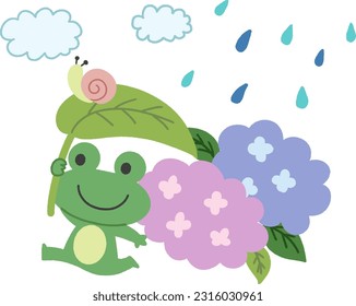 Illustration material of hydrangea and frog on a rainy day