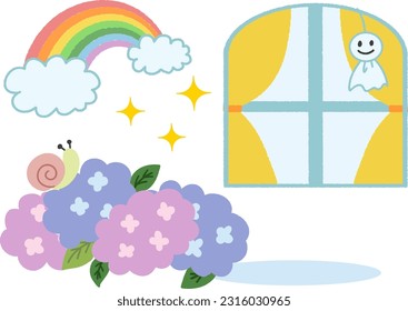 Illustration material of hydrangea and rainbow on a rainy day