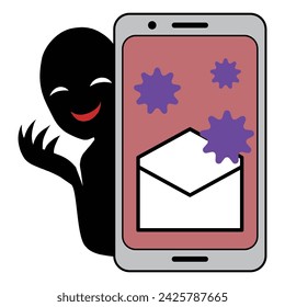 Illustration material of an image of a hacker and a smartphone infected with a virus