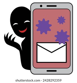 Illustration material of an image of a hacker and a smartphone infected with a virus