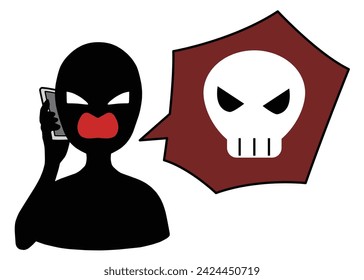 Illustration material of an image of a villain with a smartphone and a skull mark having a dangerous conversation
