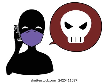 Illustration material of an image of a villain with a smartphone and a skull mark having a dangerous conversation