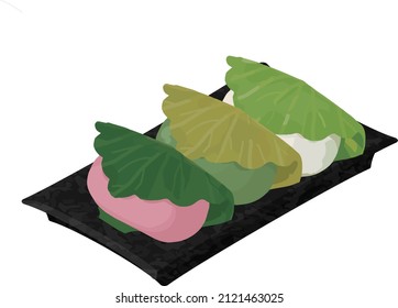 Illustration material: Kashiwa Mochi(rice cakes wrapped in oak leaves).Isometric colorful illustration.Clip art of food.
