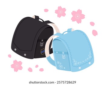 Illustration material of light blue and black school bag and cherry blossoms