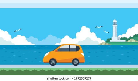 Illustration material of light car, sea and lighthouse