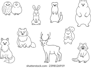 Illustration Material of Line Drawing of Forest Animals
