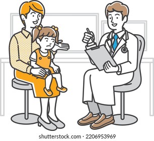 Illustration material of a little girl and her mother being examined by a doctor