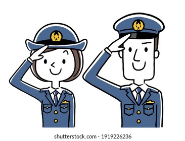 Illustration Material: Male Police Officer And Female Police Officer, Salute