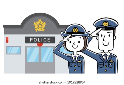 Illustration material: Male police officer and female police officer working in police box