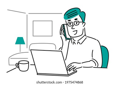 Illustration material of a man with glasses doing remote work at home