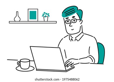 Illustration material of a man with glasses doing remote work at a cafe