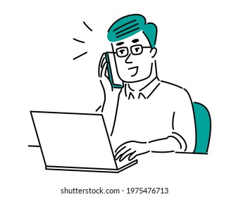 Illustration material of a man with glasses talking on a mobile phone while operating a computer