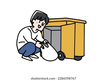 Illustration material of a man taking out luggage from a self-driving car that carries luggage