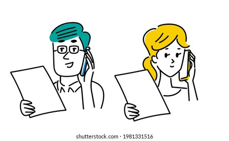 Illustration material of man and woman inquiring by phone