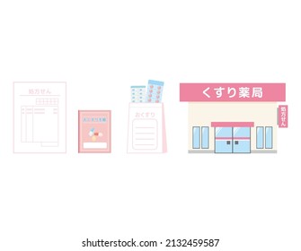 Illustration material of medicine and dispensing pharmacy. Translation: prescription, medication notebook, pharmacy