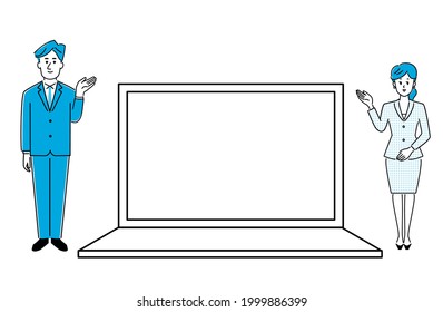 Illustration material of men and women standing in suits on the side of the laptop