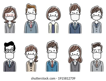 Illustration material: Men and women in suits with masks, business, set