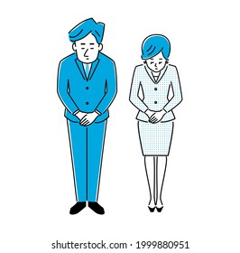 Illustration material of men and women wearing suits that lower their heads